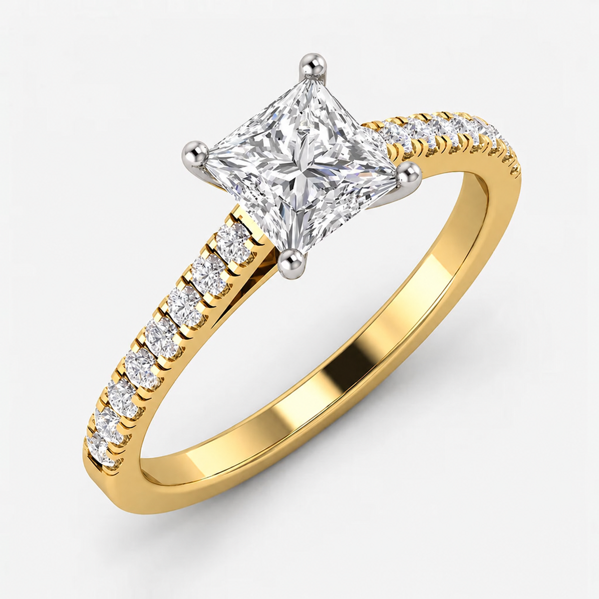 Modern Princess-Cut Diamond IGI Certified Lab Grown Solitaire Ring with Side Claw & Pave-Set Diamonds in Gold & Platinum