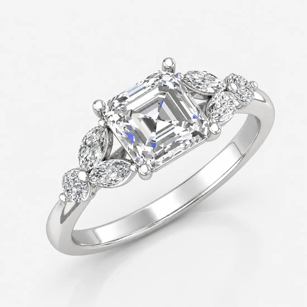 IGI Certified Lab Grown Classic Asscher Cut Diamond with Marquise & Round Halo Engagement Ring with Pavé Band in Gold & Platinum – 1–4Ct