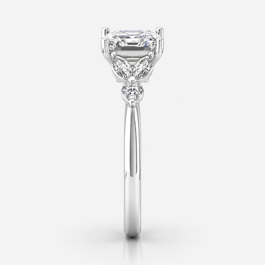 IGI Certified Lab Grown Classic Asscher Cut Diamond with Marquise & Round Halo Engagement Ring with Pavé Band in Gold & Platinum – 1–4Ct