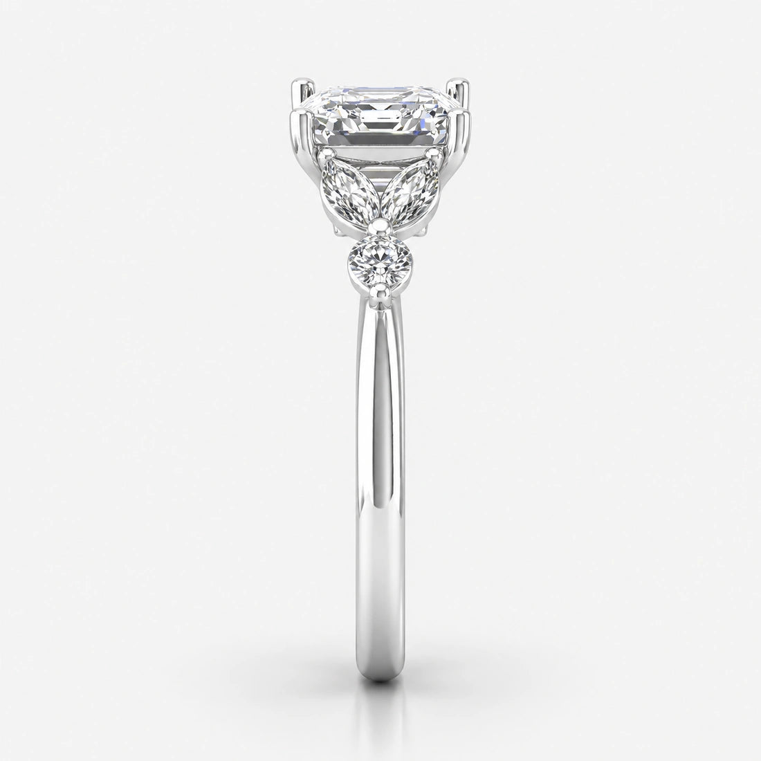 IGI Certified Lab Grown Classic Asscher Cut Diamond with Marquise & Round Halo Engagement Ring with Pavé Band in Gold & Platinum – 1–4Ct