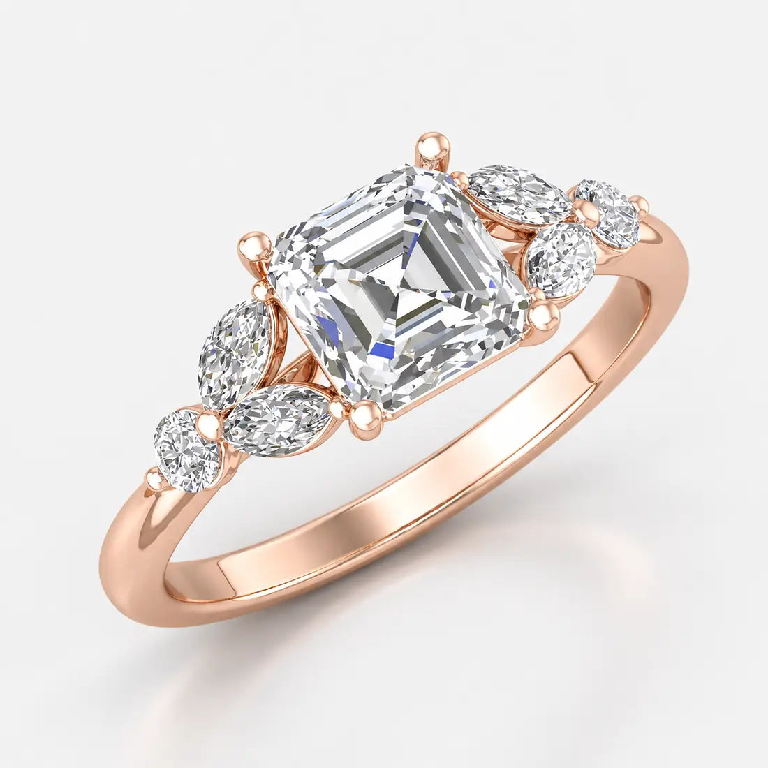 IGI Certified Lab Grown Classic Asscher Cut Diamond with Marquise & Round Halo Engagement Ring with Pavé Band in Gold & Platinum – 1–4Ct