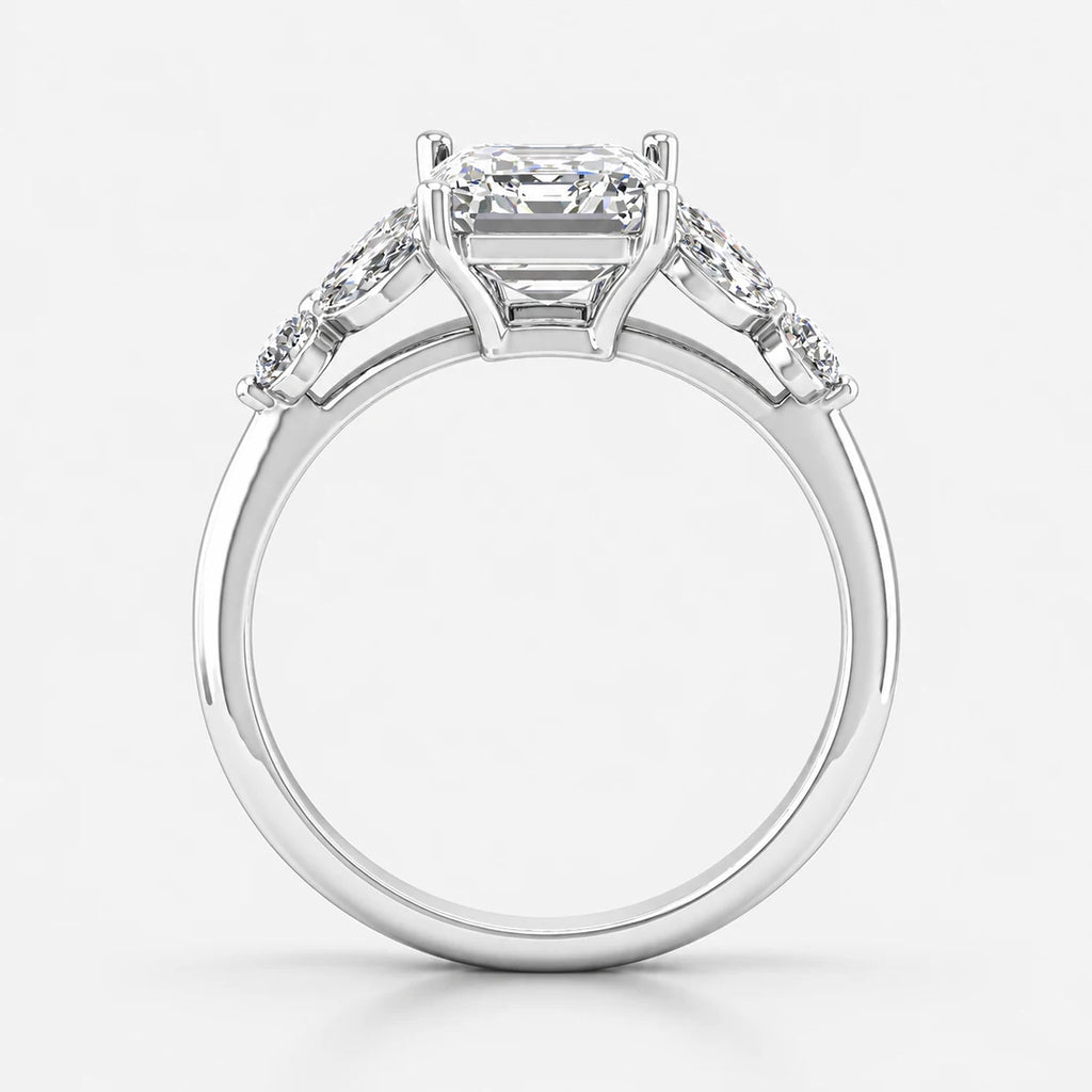 IGI Certified Lab Grown Classic Asscher Cut Diamond with Marquise & Round Halo Engagement Ring with Pavé Band in Gold & Platinum – 1–4Ct