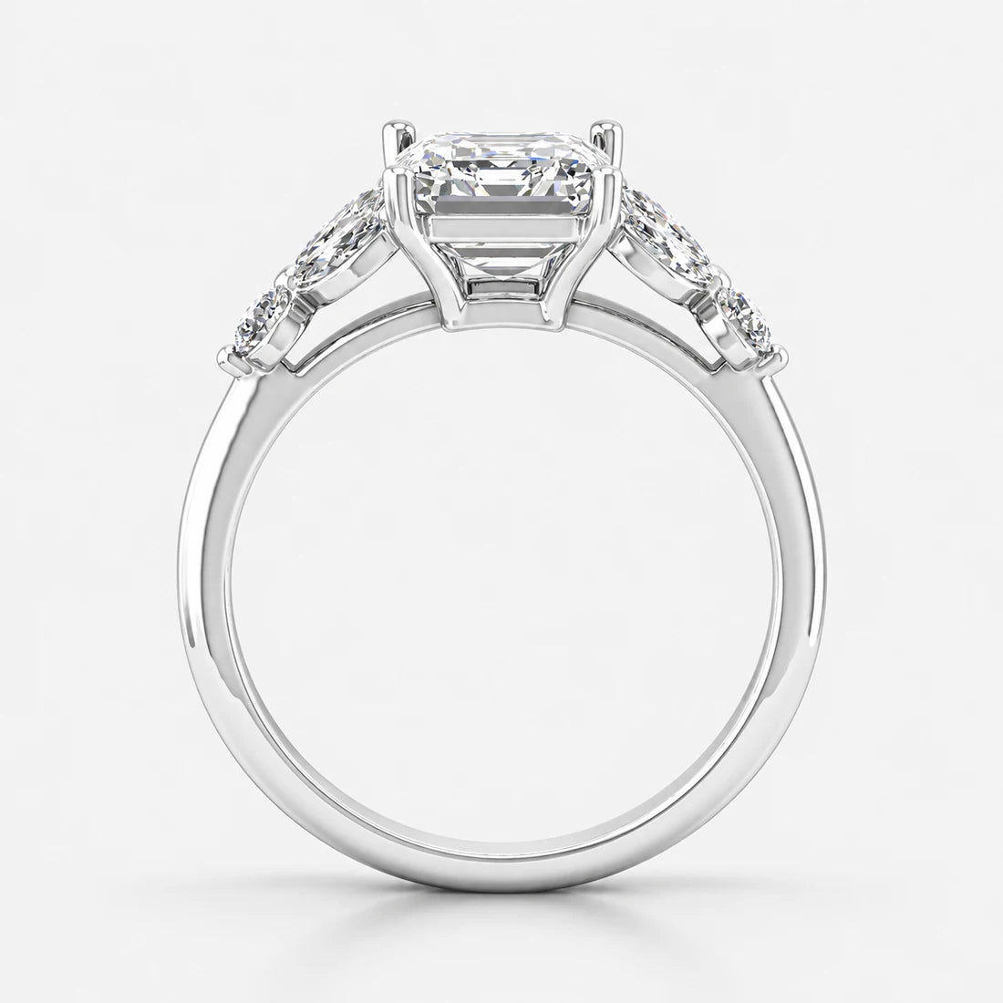 IGI Certified Lab Grown Classic Asscher Cut Diamond with Marquise & Round Halo Engagement Ring with Pavé Band in Gold & Platinum – 1–4Ct
