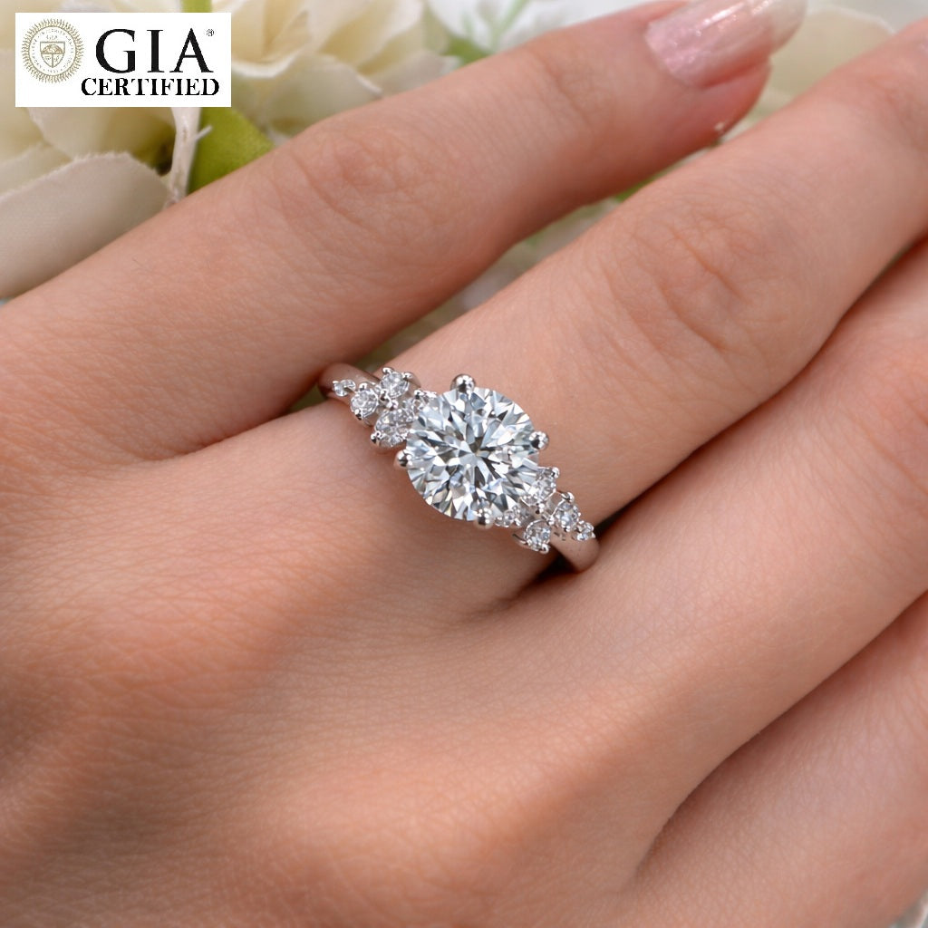 GIA Certified 1.20ct G/VS Natural Round with Side Diamond Engagement Ring In 18k Gold