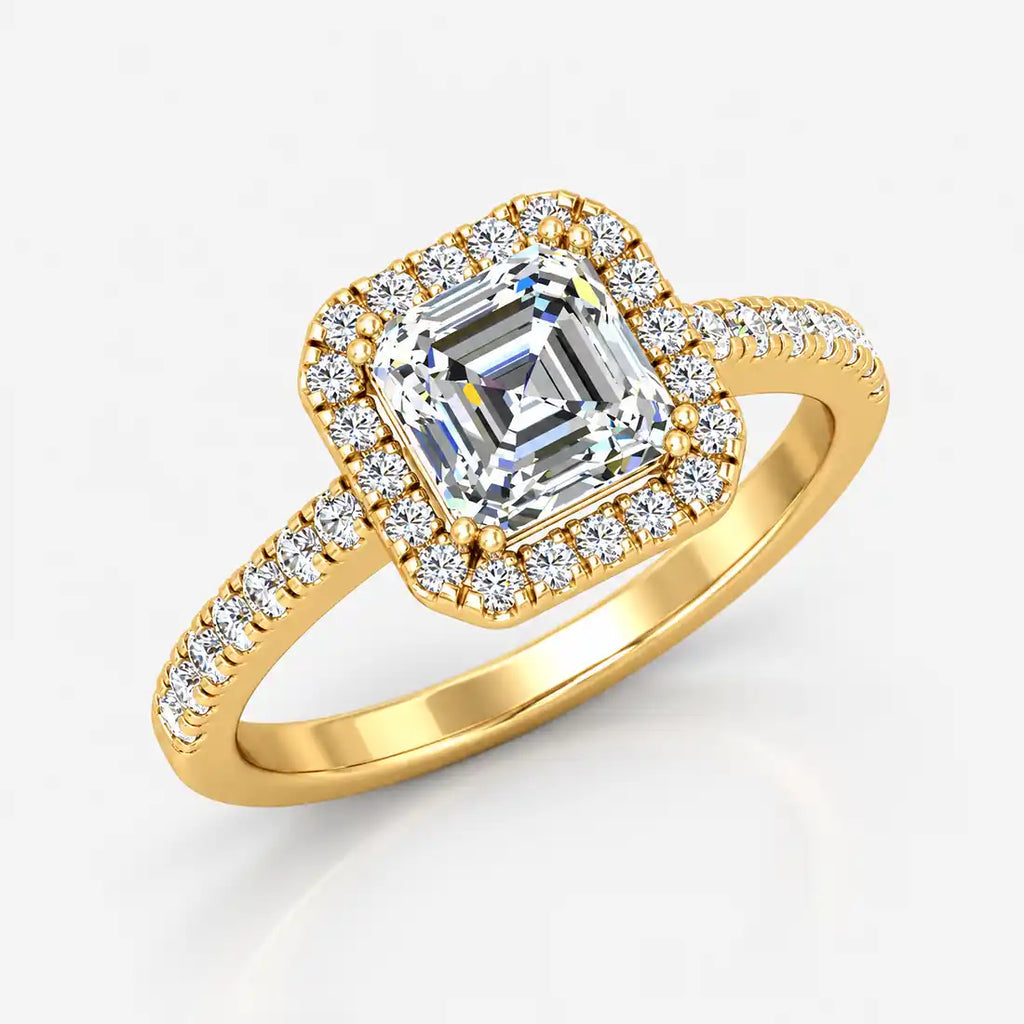 IGI Certified Lab Grown Asscher Cut Diamond Halo Engagement Ring with Pavé Band in Gold & Platinum