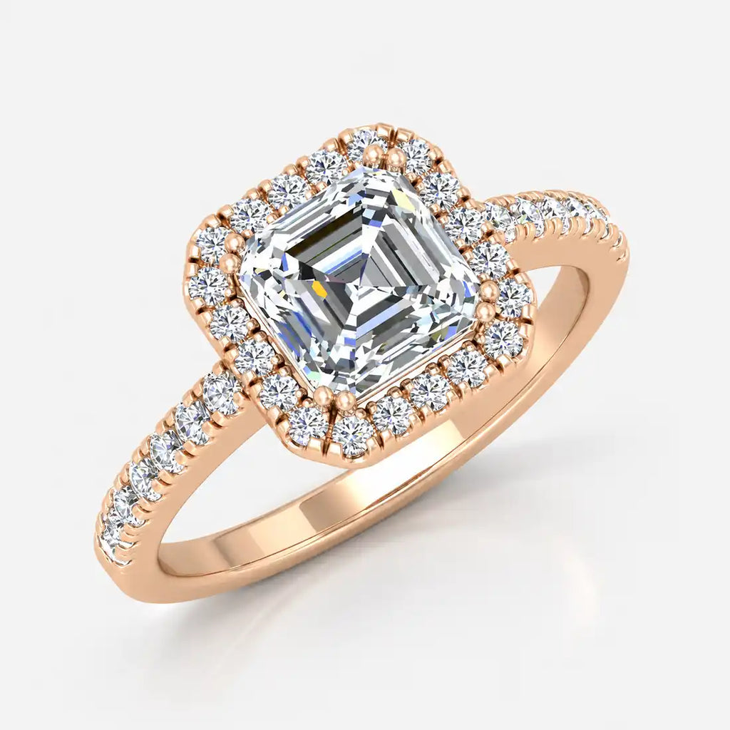 IGI Certified Lab Grown Asscher Cut Diamond Halo Engagement Ring with Pavé Band in Gold & Platinum