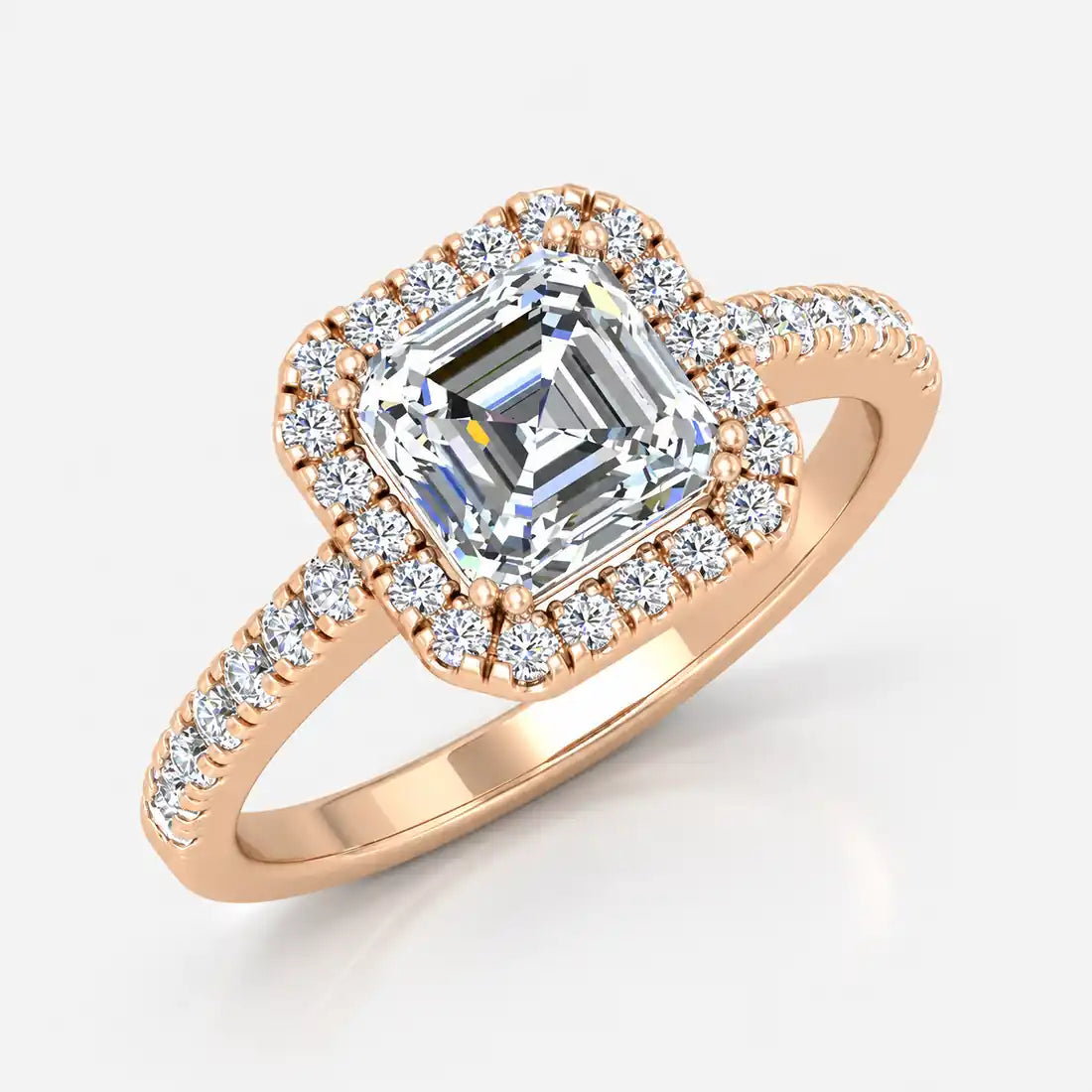 IGI Certified Lab Grown Asscher Cut Diamond Halo Engagement Ring with Pavé Band in Gold & Platinum