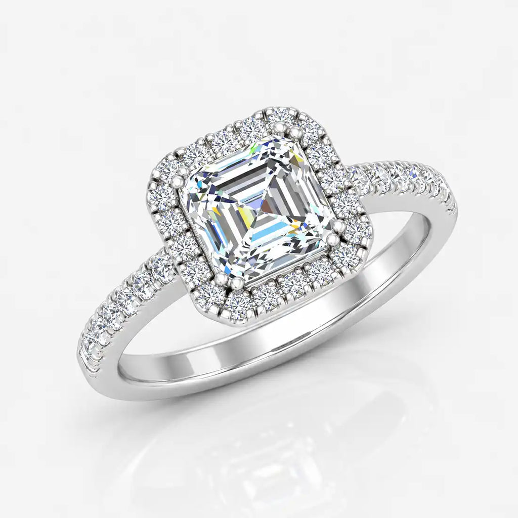 IGI Certified Lab Grown Asscher Cut Diamond Halo Engagement Ring with Pavé Band in Gold & Platinum