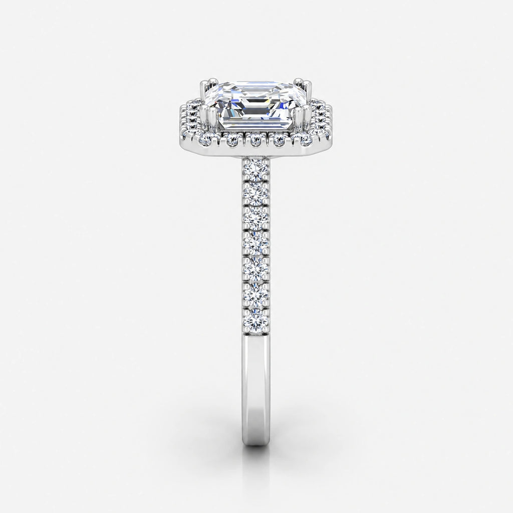 IGI Certified Lab Grown Asscher Cut Diamond Halo Engagement Ring with Pavé Band in Gold & Platinum