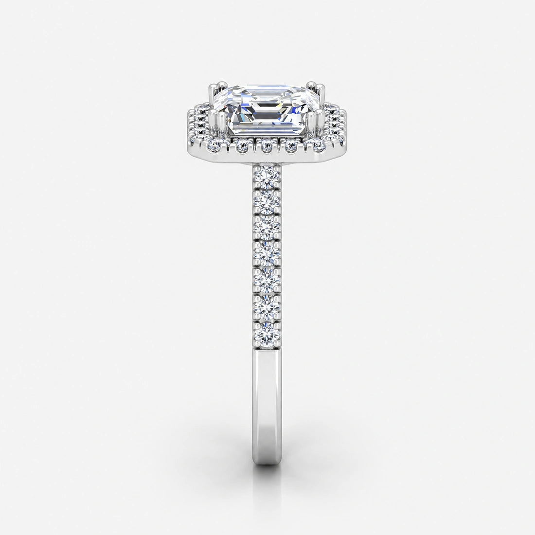 IGI Certified Lab Grown Asscher Cut Diamond Halo Engagement Ring with Pavé Band in Gold & Platinum