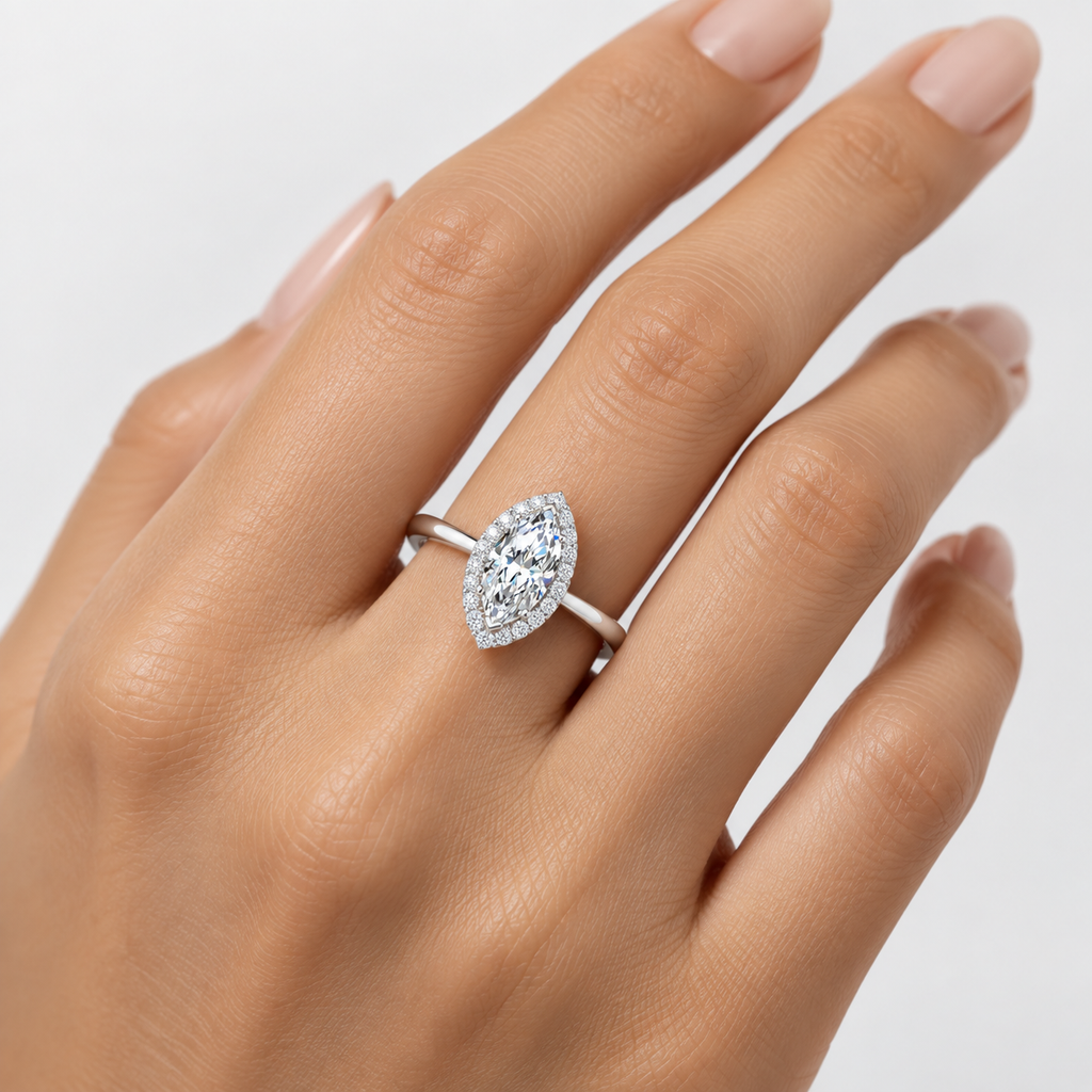 IGI Certified Lab Grown Marquise Diamond Halo Engagement Ring in Gold & Platinum - 1-5ct