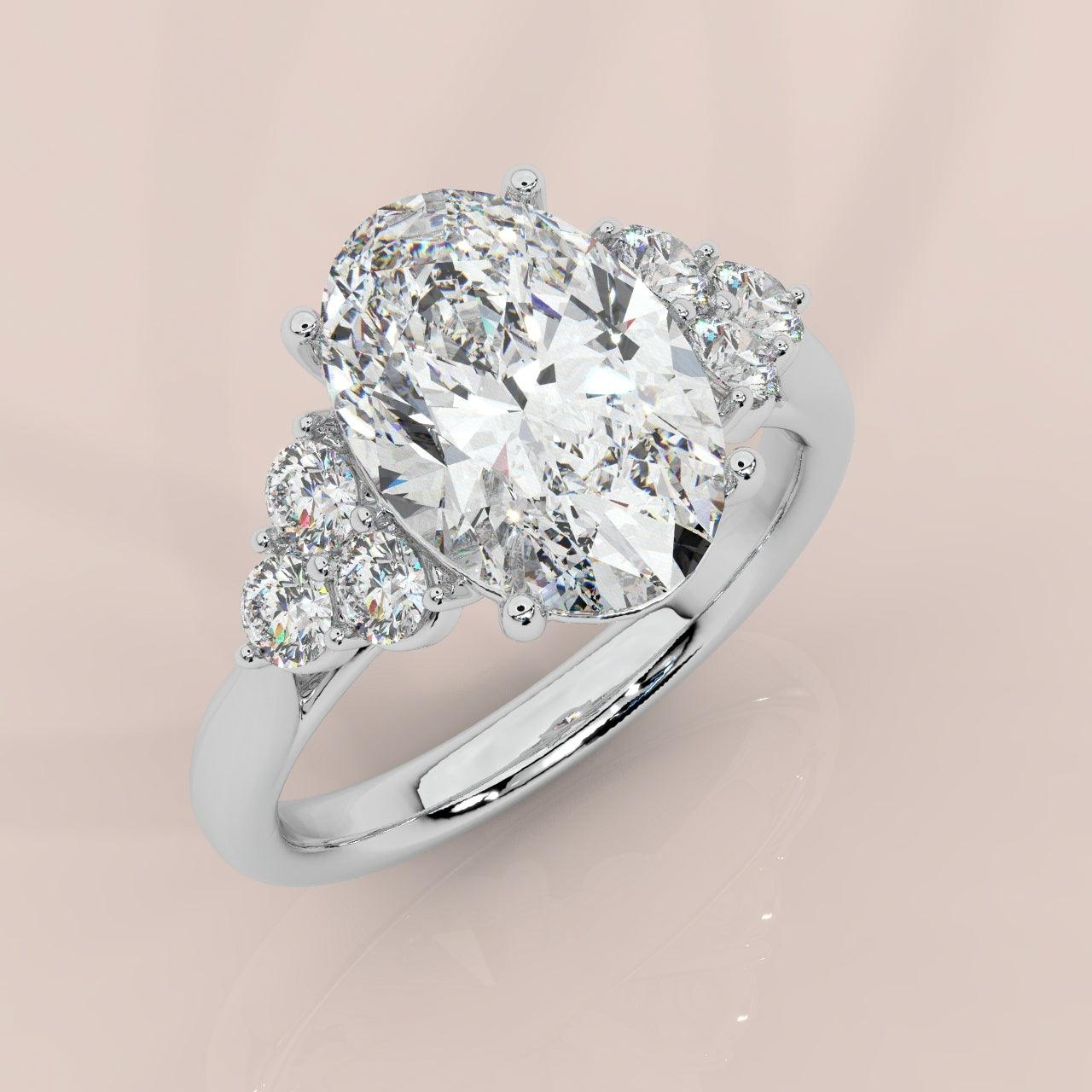 IGI Certified 4.50ct Oval and Round Diamond Engagement Ring in Platinum