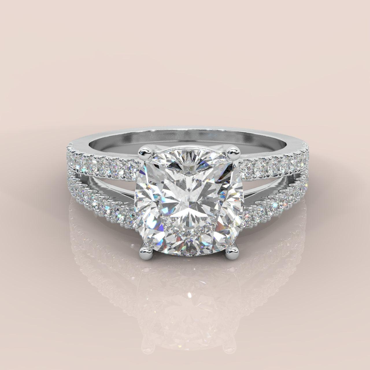 IGI Certified Cushion Diamond Split Shank Engagement Ring Platinum 1.50Ct - 2.50Ct E/VS