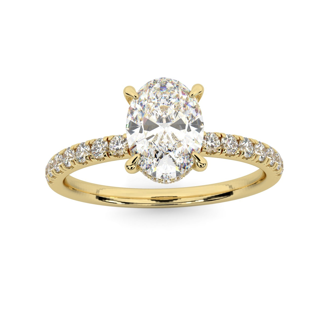 IGI Certified 2.00 Carat E/VS Oval With Side Diamond Hidden Halo Engagement Ring In 18K Yellow Gold