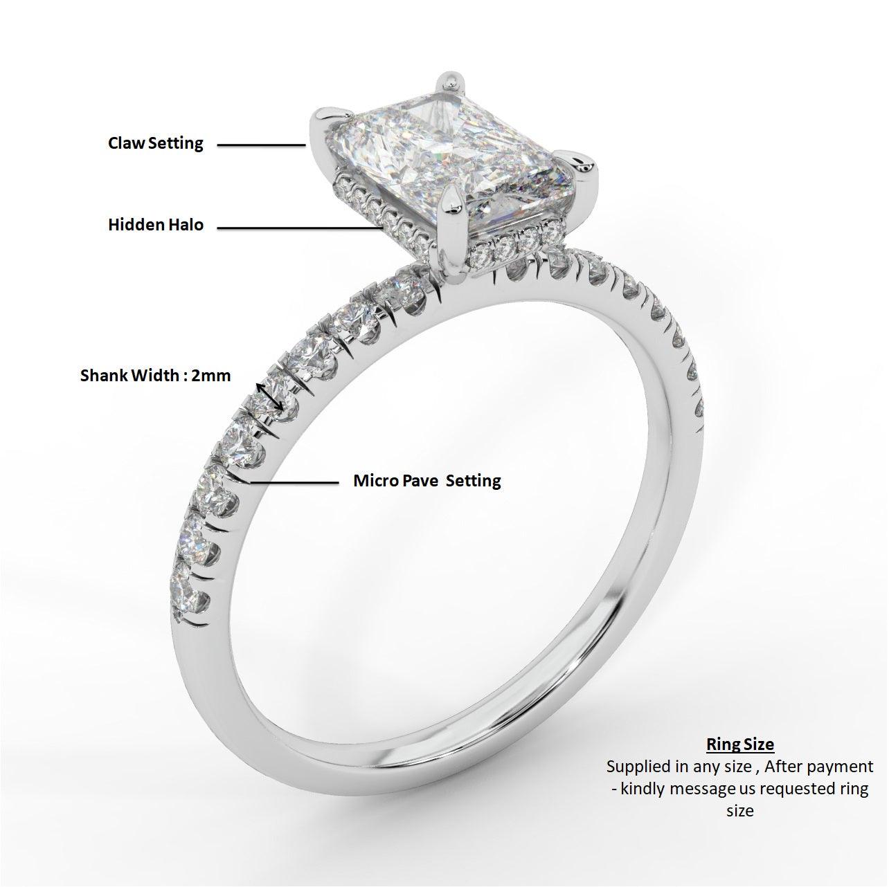 Certified F/VS 1.40Ct Radiant & Diamond Hidden Halo Engagement Ring in Platinum