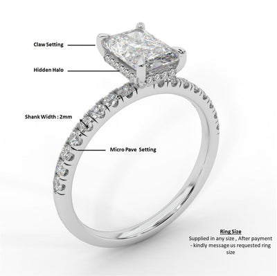 Certified F/VS 1.40Ct Radiant & Diamond Hidden Halo Engagement Ring in Platinum