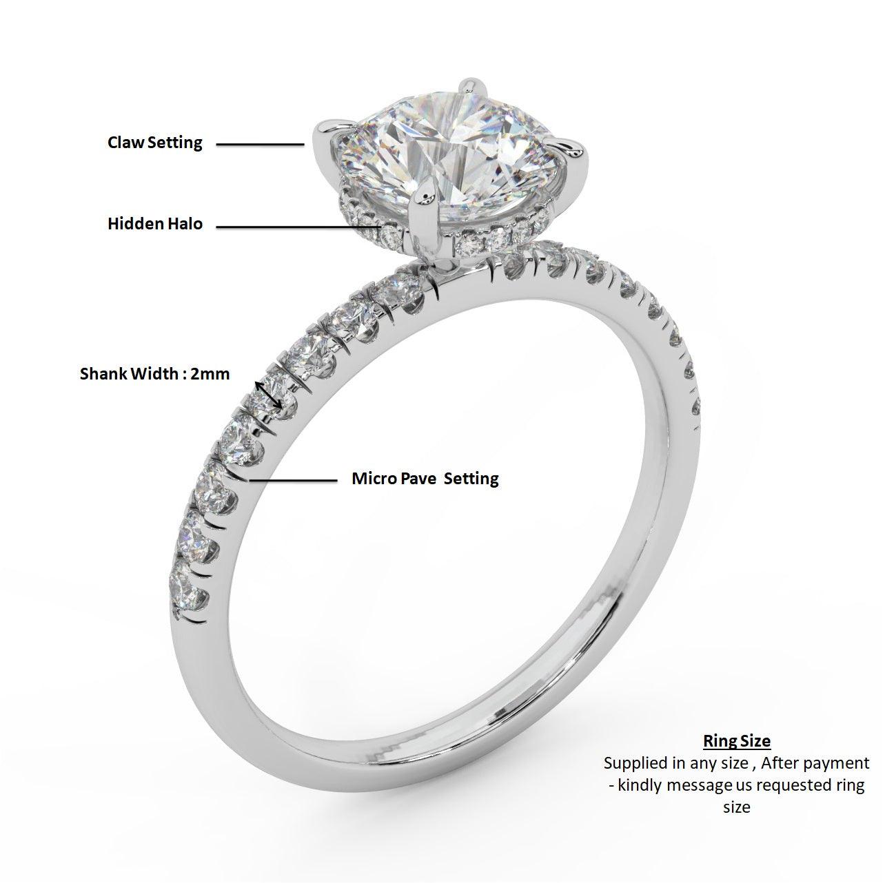 IGI Certified 1.50Ct - 2.00Ct Round Diamond Hidden Halo Engagement Ring in White Gold