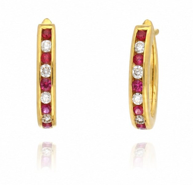 0.30 Carat Natural Ruby & Diamond Channel Set Hoop Earrings in 18K Yellow Gold