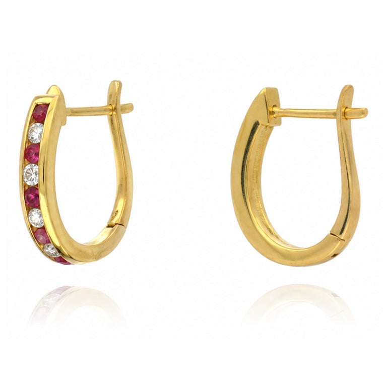 0.30 Carat Natural Ruby & Diamond Channel Set Hoop Earrings in 18K Yellow Gold