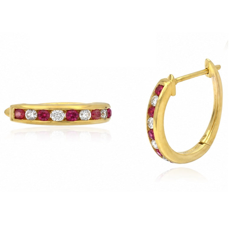 0.30 Carat Natural Ruby & Diamond Channel Set Hoop Earrings in 18K Yellow Gold