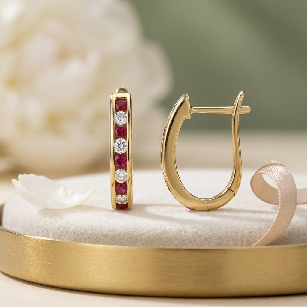 0.30 Carat Natural Ruby & Diamond Channel Set Hoop Earrings in 18K Yellow Gold