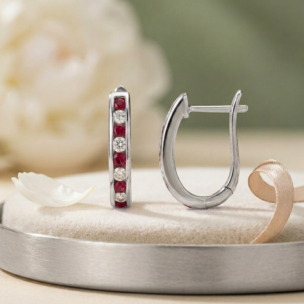 0.30 Carat Natural Ruby & Diamond Channel Set Hoop Earrings in 18K Yellow Gold