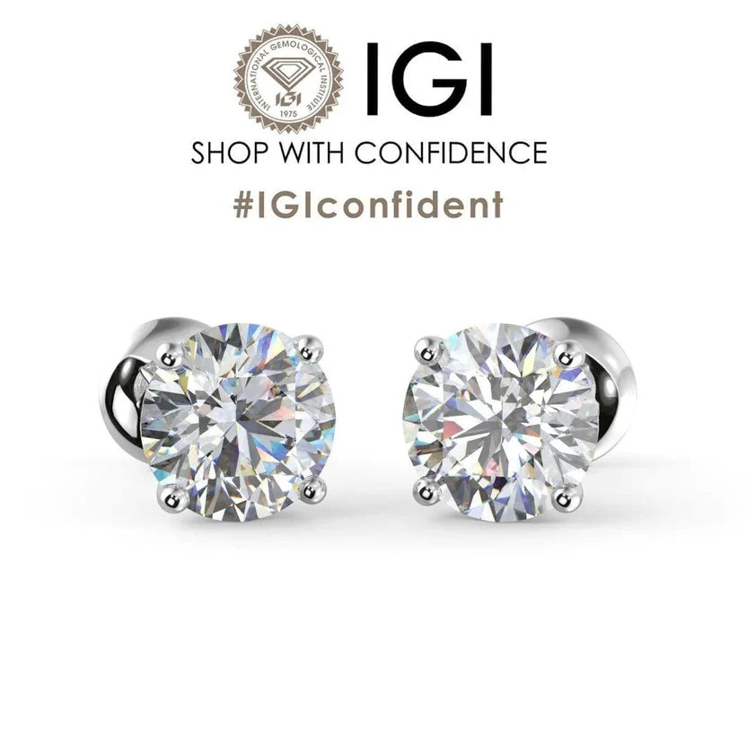 IGI Certified Round Diamond Claw Setting Stud Earrings Screw Back in Gold & Platinum