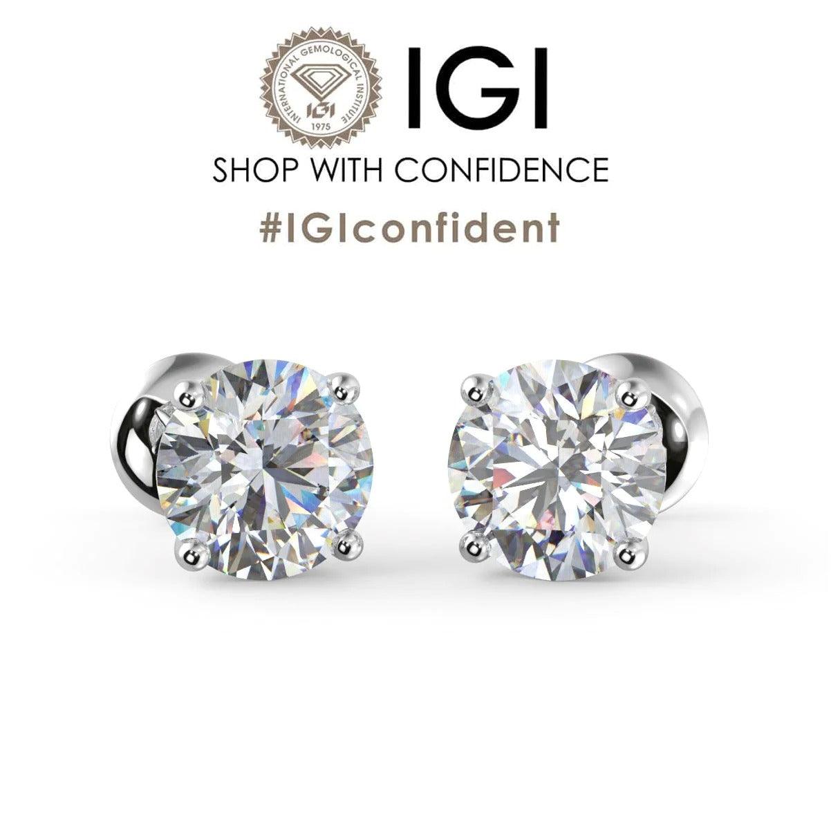 IGI Certified D/VVS2 2.00Ct -3.00Ct Round Diamond Stud Earrings In Platinum / 18k Gold