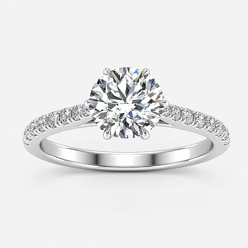 IGI Certified Lab Grown Classic Round Brilliant Solitaire Engagement Ring with Pavé Diamond Shank, 6-Prong, in Gold & Platinum – 1–5Ct