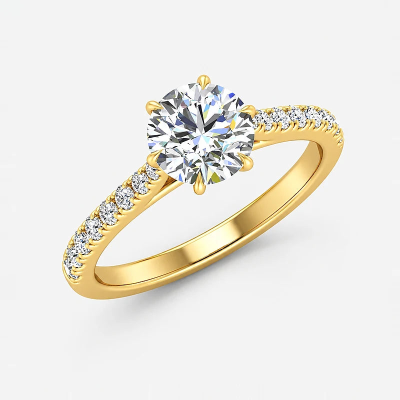 IGI Certified Lab Grown Classic Round Brilliant Solitaire Engagement Ring with Pavé Diamond Shank, 6-Prong, in Gold & Platinum – 1–5Ct
