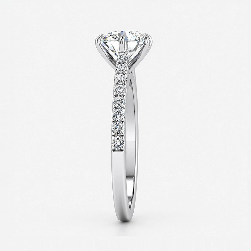 IGI Certified Lab Grown Classic Round Brilliant Solitaire Engagement Ring with Pavé Diamond Shank, 6-Prong, in Gold & Platinum – 1–5Ct