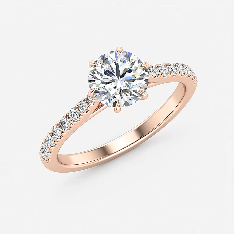 IGI Certified Lab Grown Classic Round Brilliant Solitaire Engagement Ring with Pavé Diamond Shank, 6-Prong, in Gold & Platinum – 1–5Ct