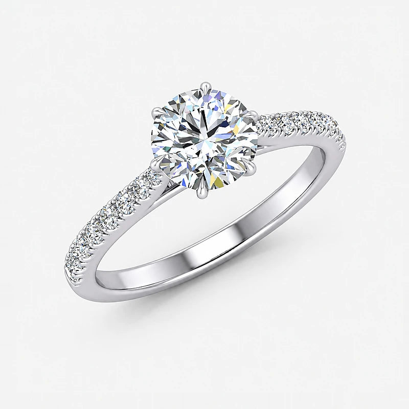 IGI Certified Lab Grown Classic Round Brilliant Solitaire Engagement Ring with Pavé Diamond Shank, 6-Prong, in Gold & Platinum – 1–5Ct
