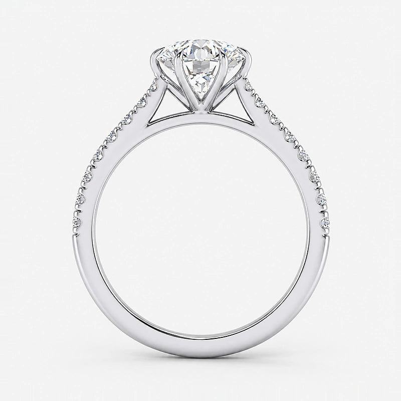 IGI Certified Lab Grown Classic Round Brilliant Solitaire Engagement Ring with Pavé Diamond Shank, 6-Prong, in Gold & Platinum – 1–5Ct