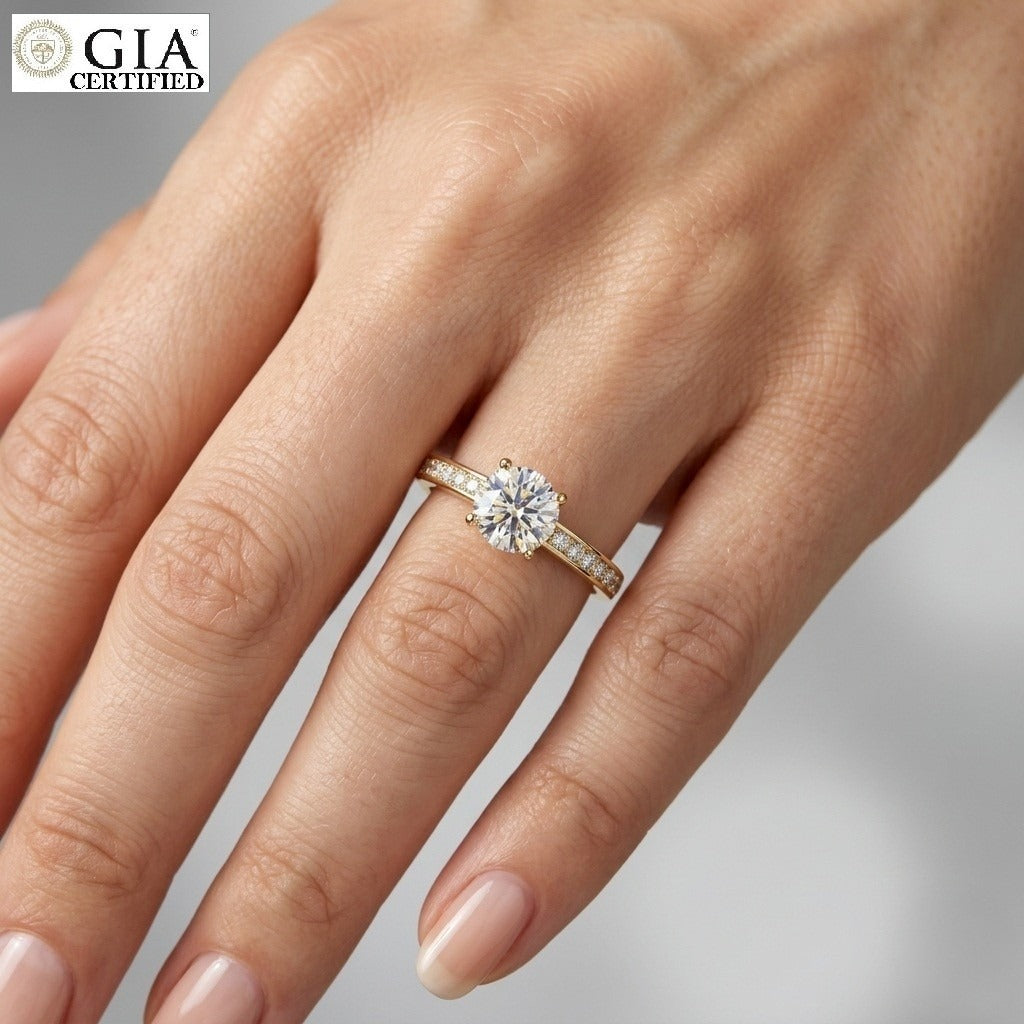 GIA Certified 1.25CT Round with Side Diamond Channel Set Engagement Ring In 18K Yellow Gold