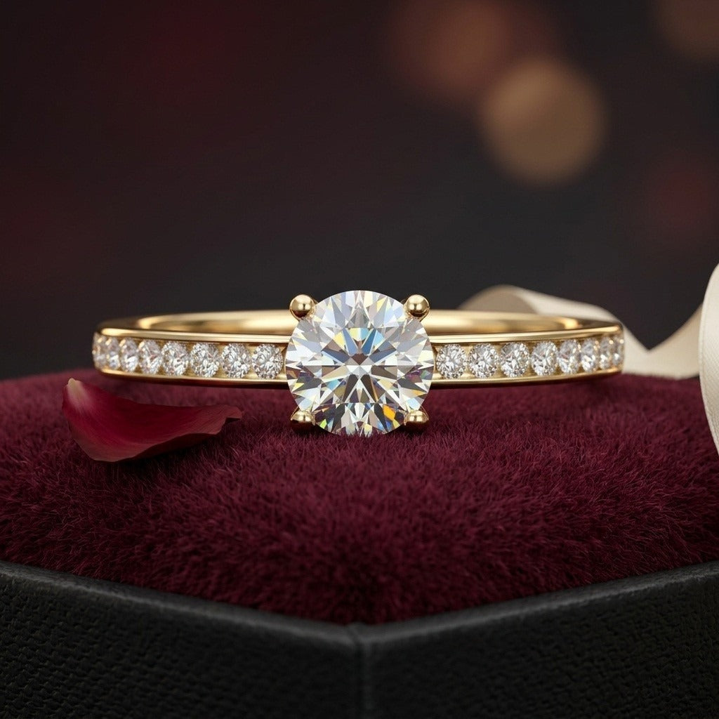 GIA Certified 1.25CT Round with Side Diamond Channel Set Engagement Ring In 18K Yellow Gold