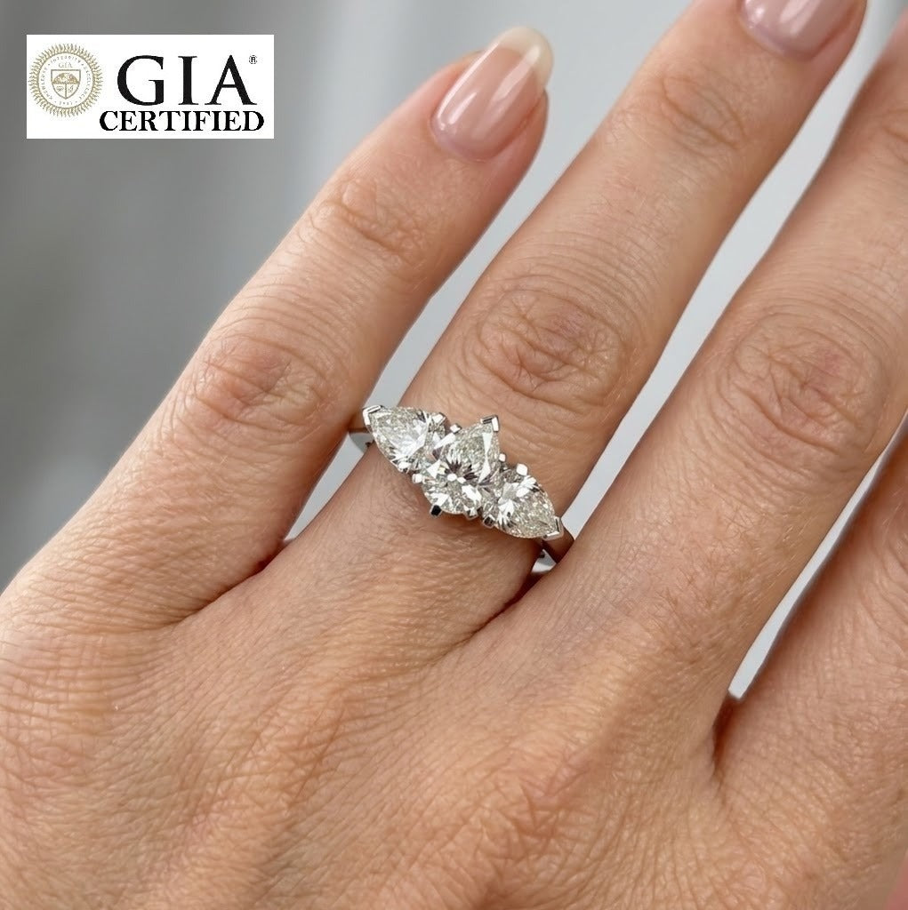 GIA Certified 1.50CT F/SI Pear Diamond Trilogy Engagement Ring