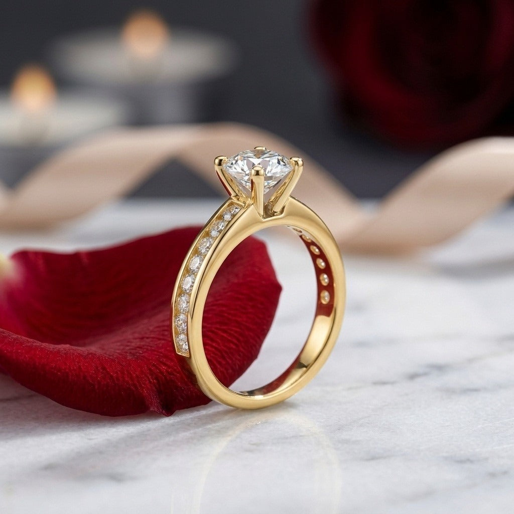 GIA Certified 1.25CT Round with Side Diamond Channel Set Engagement Ring In 18K Yellow Gold