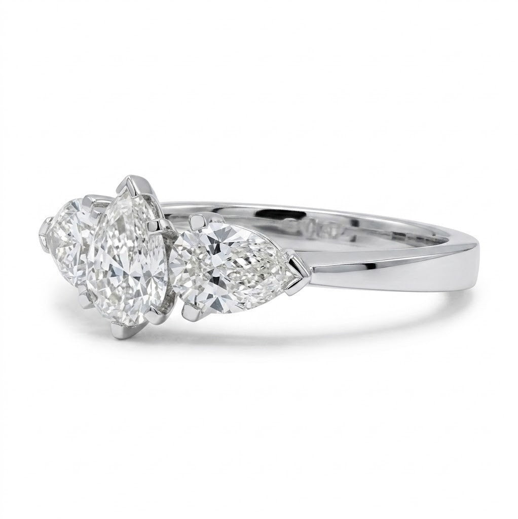 GIA Certified 1.50CT F/SI Pear Diamond Trilogy Engagement Ring