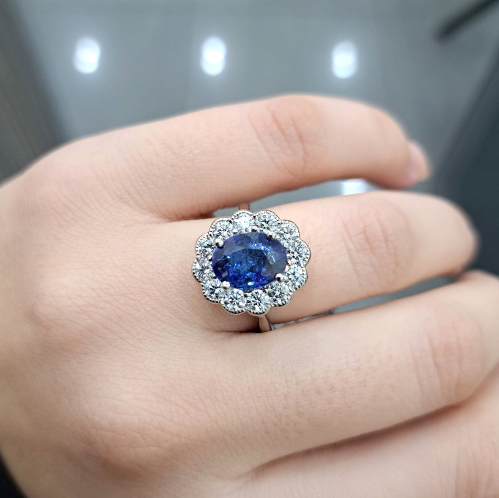 3.50ct Sapphire Oval & Diamond Cluster Engagement Ring In Gold & Platinum