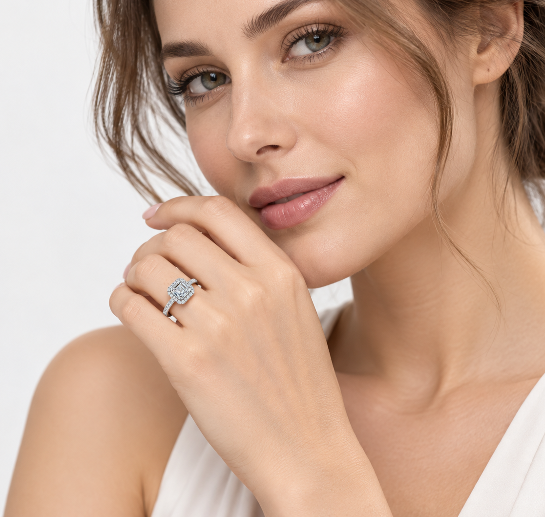 IGI Certified Lab Grown Asscher Cut Diamond Halo Engagement Ring with Pavé Band in Gold & Platinum