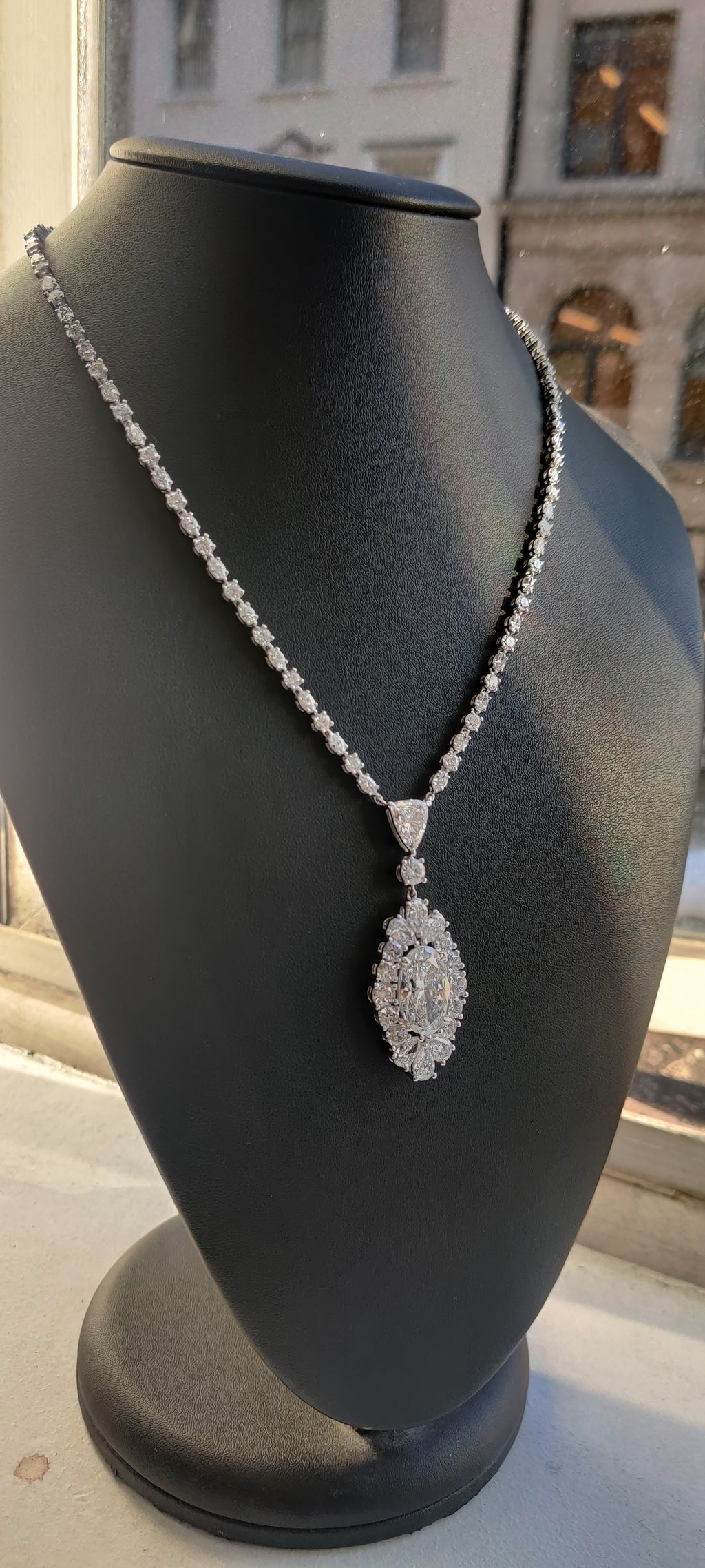 IGI 38 Ct, Lab Grown Big Oval With Marquise & Round Diamond Designer Necklace