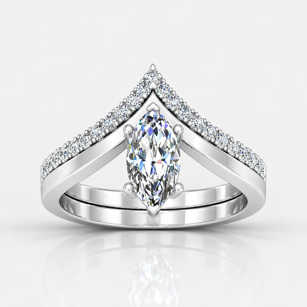 IGI Certified Lab Grown Curved Marquise Diamond Halo Bridal Set Ring with Matching Band in Gold & Platinum - 1-5ct