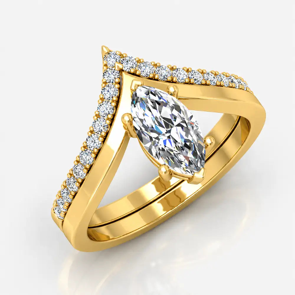 IGI Certified Lab Grown Curved Marquise Diamond Halo Bridal Set Ring with Matching Band in Gold & Platinum - 1-5ct