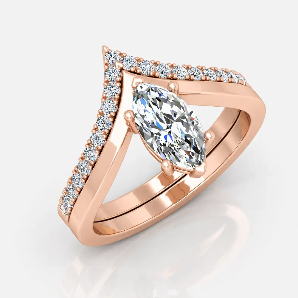 IGI Certified Lab Grown Curved Marquise Diamond Halo Bridal Set Ring with Matching Band in Gold & Platinum - 1-5ct