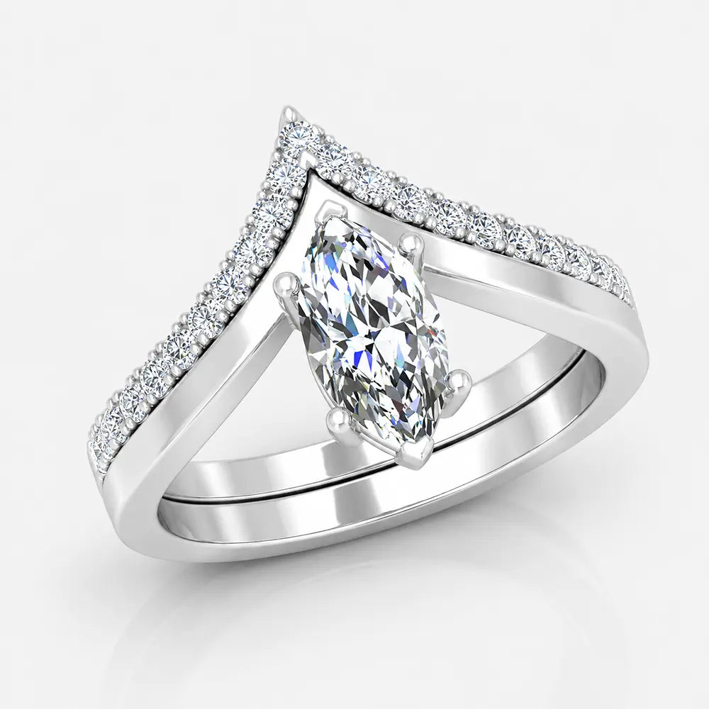 IGI Certified Lab Grown Curved Marquise Diamond Halo Bridal Set Ring with Matching Band in Gold & Platinum - 1-5ct