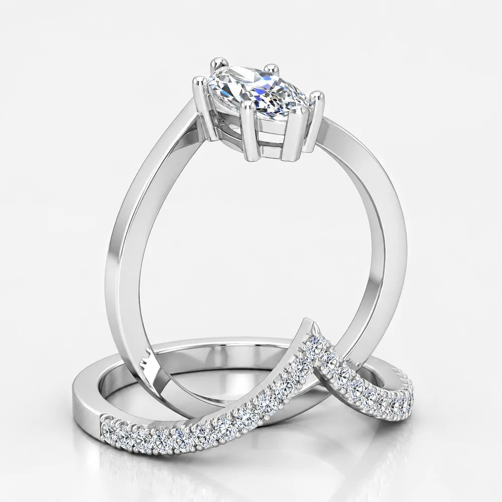 IGI Certified Lab Grown Curved Marquise Diamond Halo Bridal Set Ring with Matching Band in Gold & Platinum - 1-5ct