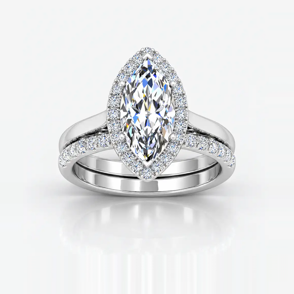 IGI Certified Lab Grown Marquise Diamond Halo Engagement Ring with Matching Band in Gold & Platinum - 1-5ct