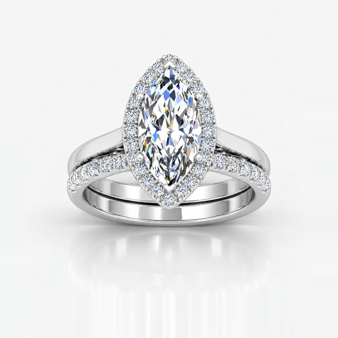 IGI Certified Lab Grown Marquise Diamond Halo Engagement Ring with Matching Band in Gold & Platinum - 1-5ct