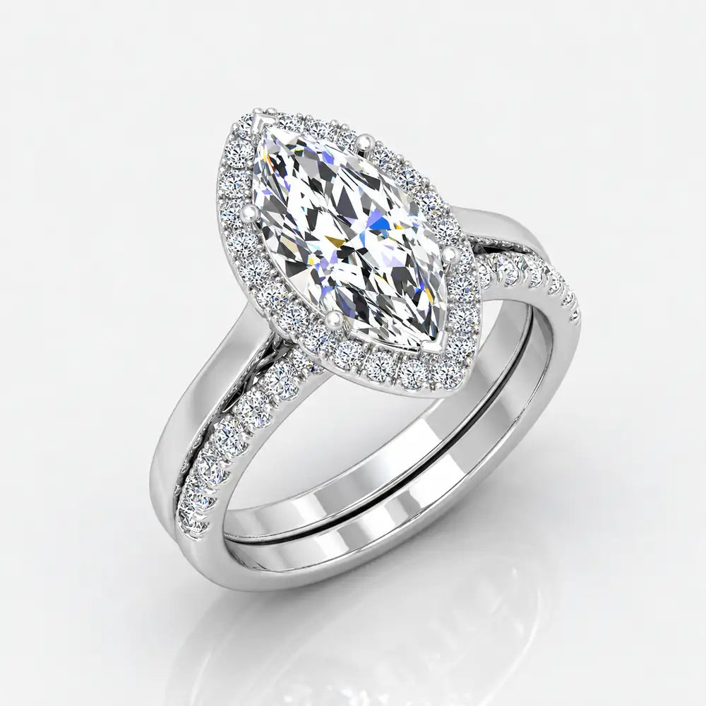 IGI Certified Lab Grown Marquise Diamond Halo Engagement Ring with Matching Band in Gold & Platinum - 1-5ct